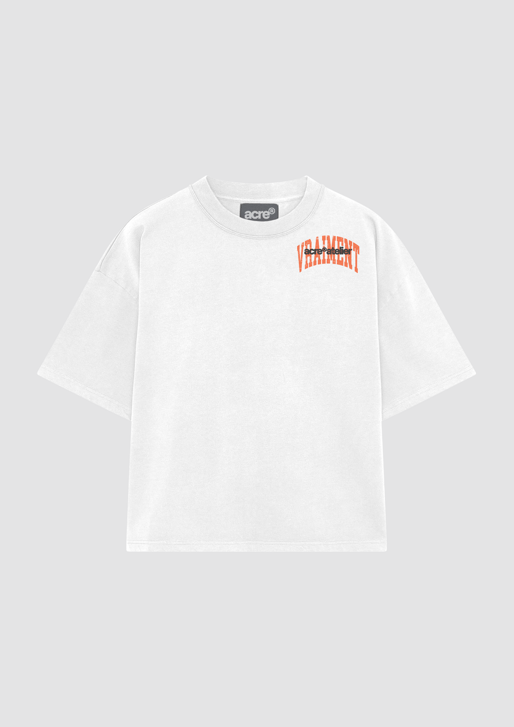 ACRE®ATELIER Vraiment T-Shirt White Orange Front - Camiseta Blanca Naranja Frontal Atelier Garments Lab